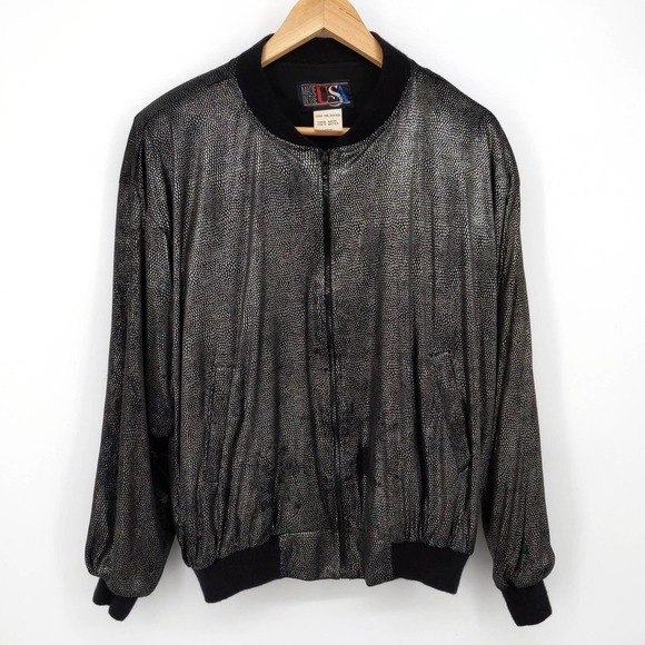 Vintage Metallic Animal Print Dots Windbreaker Bomber Jacket 80s Black Silver L - Picture 1 of 5